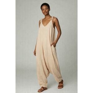 Meo Meli Made in Italy Linen Jumpsuit One Size Beige Tie Shoulder V-Neck Loose